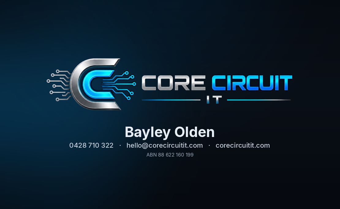 Core Circuit IT business card front. Logo lockup, Bayley Olden, phone, email, website, ABN